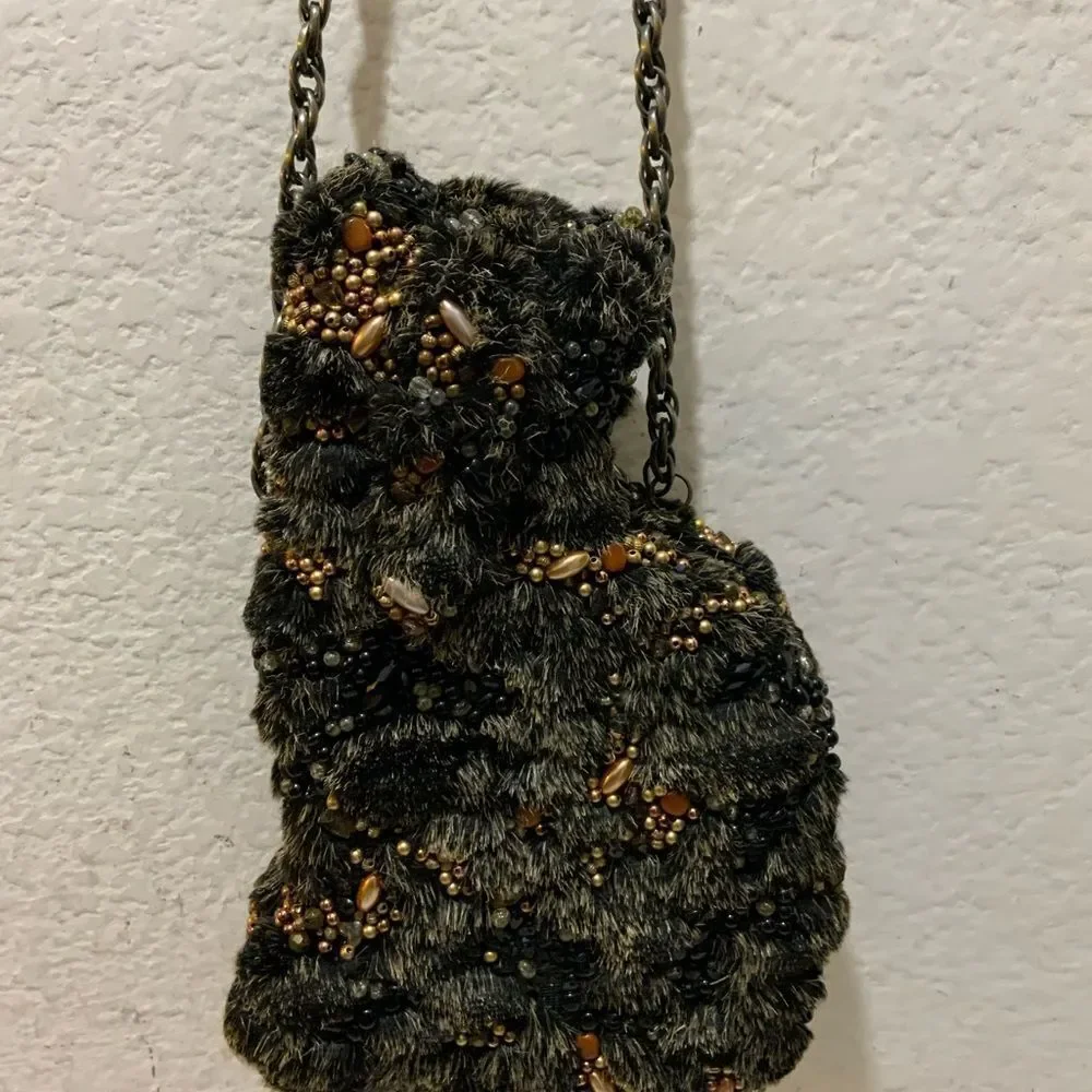 MARY FRANCES Beaded Cat Purse handbag with chain strap